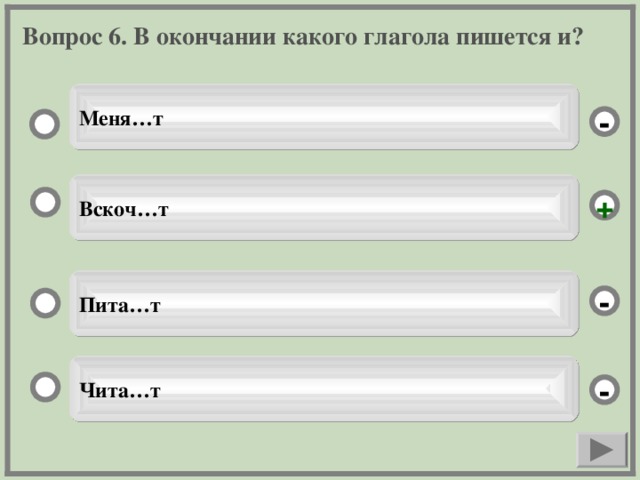Вопрос 6. В окончании какого глагола пишется и? Меня…т - Вскоч…т + Пита…т - Чита…т -
