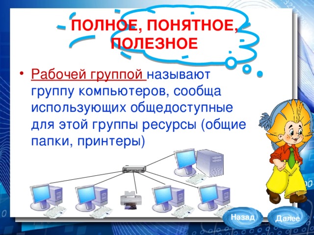 ПОЛНОЕ, ПОНЯТНОЕ,  ПОЛЕЗНОЕ Рабочей группой называют группу компьютеров, сообща использующих общедоступные для этой группы ресурсы (общие папки, принтеры) Назад Далее 