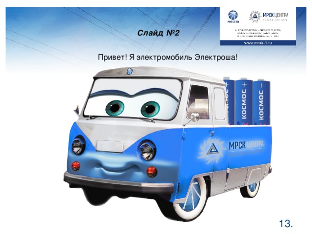 Слайд №2 Привет! Я электромобиль Электроша!  .