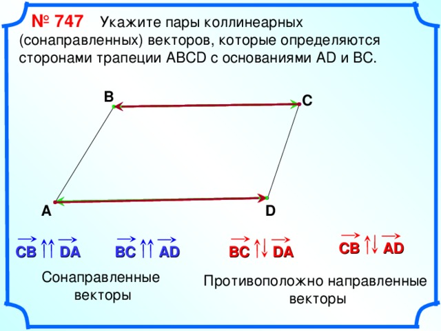  № 74 7   Укажите пары коллинеарных (сонаправленных) векторов, которые определяются сторонами трапеции АВС D с основаниями AD и BC . В С А D «Геометрия 7-9» Л.С. Атанасян и др. AD СВ DA СВ ВС ВС DA AD Сонаправленные векторы Противоположно  направленные векторы 16 