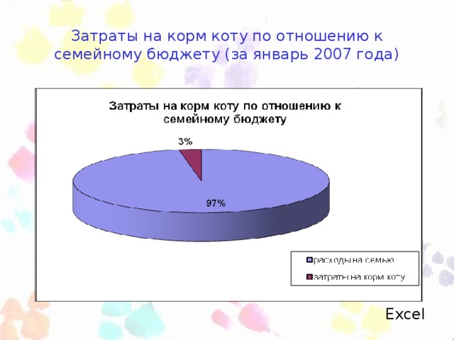 Затраты на корм коту по отношению к семейному бюджету (за январь 2007 года) Excel