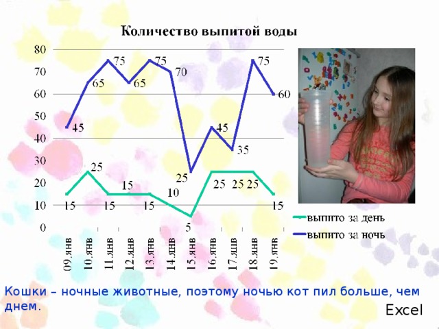 Кошки – ночные животные, поэтому ночью кот пил больше, чем днем. Excel