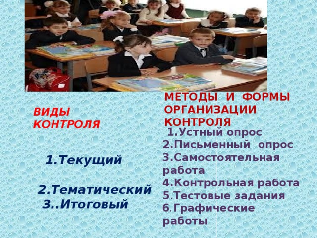 Методы и формы организации контроля Виды контроля  1.Устный опрос 2.Письменный опрос 3.Самостоятельная работа  4.Контрольная работа  5 . Тестовые задания 6 . Графические работы  1.Текущий 2.Тематический 3..Итоговый 