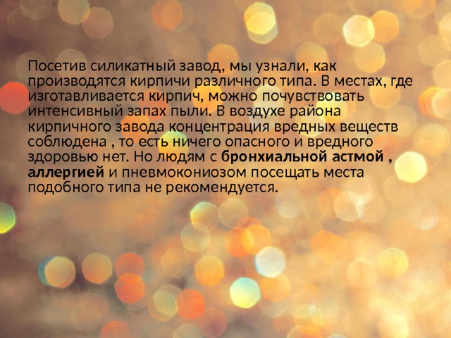 Посетив силикатный завод, мы узнали, как производятся кирпичи различного типа. В местах, где изготавливается кирпич, можно почувствовать интенсивный запах пыли. В воздухе района кирпичного завода концентрация вредных веществ соблюдена , то есть ничего опасного и вредного здоровью нет. Но людям с бронхиальной астмой , аллергией и пневмокониозом посещать места подобного типа не рекомендуется. 