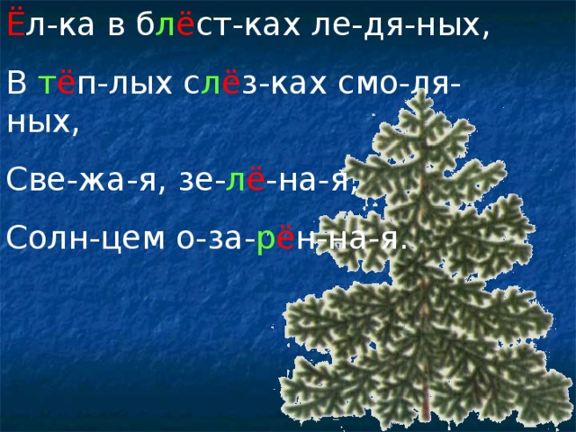 Ё л-ка в б л ё ст-ках ле-дя-ных, В т ё п-лых с л ё з-ках смо-ля-ных, Све-жа-я, зе- л ё -на-я, Солн-цем о-за- р ё н-на-я.