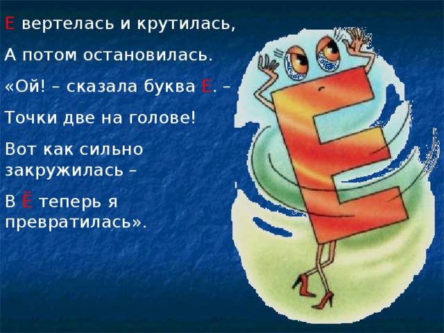 Е вертелась и крутилась, А потом остановилась. «Ой! – сказала буква Е . – Точки две на голове! Вот как сильно закружилась – В Ё теперь я превратилась».