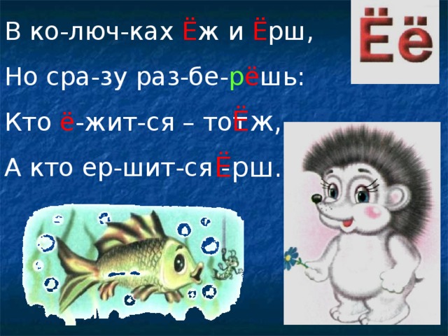 В ко-люч-ках Ё ж и Ё рш, Но сра-зу раз-бе- р ё шь: Кто ё -жит-ся – тот А кто ер-шит-ся - Ё ж, Ё рш.