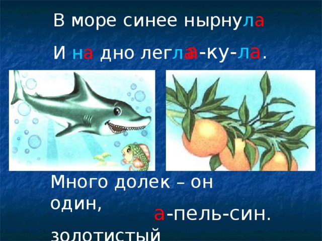 В море синее нырну л а И н а дно лег л а а -ку- л а . Много долек – он один, золотистый а -пель-син.