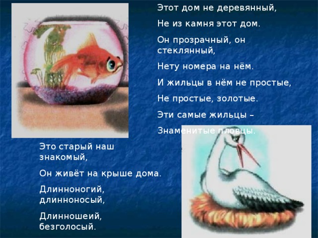 Этот дом не деревянный, Не из камня этот дом. Он прозрачный, он стеклянный, Нету номера на нём. И жильцы в нём не простые, Не простые, золотые. Эти самые жильцы – Знаменитые пловцы. Это старый наш знакомый, Он живёт на крыше дома. Длинноногий, длинноносый, Длинношеий, безголосый. Он летает на охоту За лягушками к болоту.