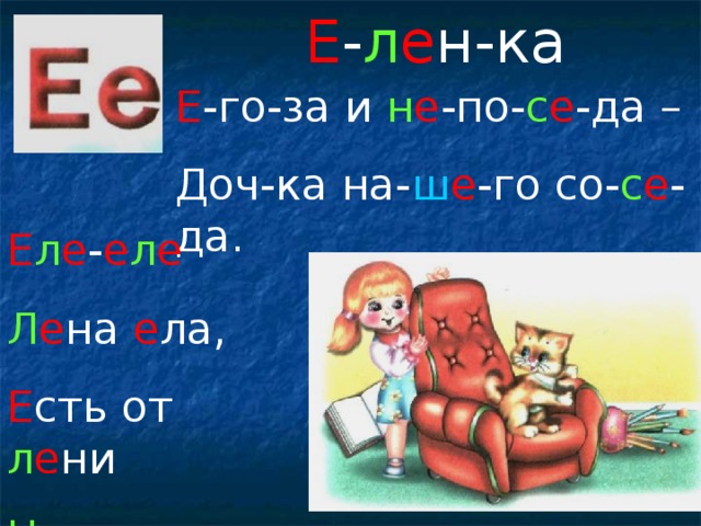 Е - л е н-ка Е -го-за и н е -по- с е -да – Доч-ка на- ш е -го со- с е -да. Е л е - е л е Л е на е ла, Е сть от л е ни Н е хо т е ла.