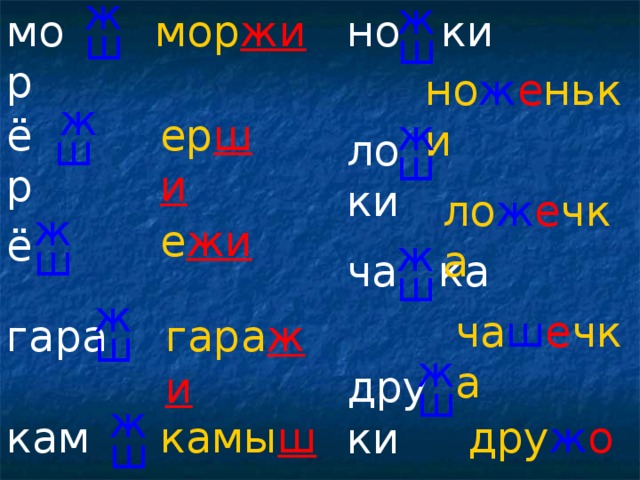 ж ж мор мор жи но ки ш ш но ж е ньки ж ёр ер ши ж ло ки ш ш ло ж е чка ж е жи ё ж ш ча ка ш ж ча ш е чка гара жи гара ш ж дру ки ш ж камы ши камы дру ж о к ш