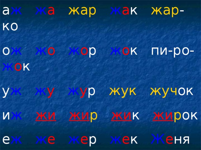 а ж  ж а  жар   ж а к жар -ко о ж  ж о  ж о р ж о к пи-ро- ж о к у ж  ж у  ж у р жук  жуч ок и ж  жи  жи р  жи к жи р ок е ж  ж е  ж е р ж е к Ж е ня я ж пля ж пря ж -ка фля ж -ка