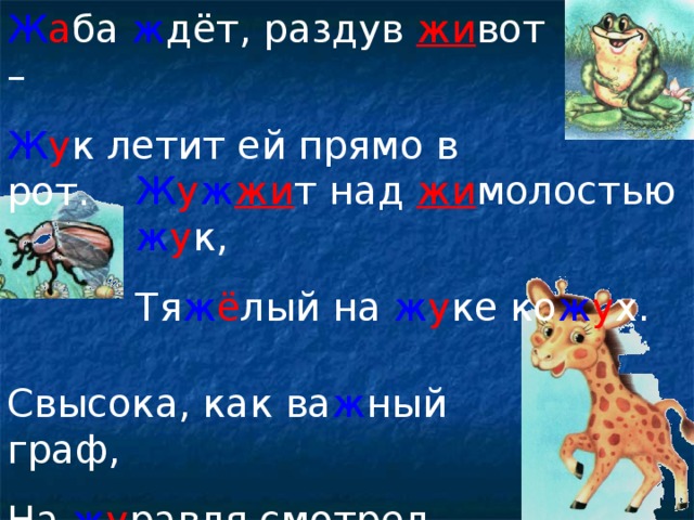 Ж а ба ж дёт, раздув жи вот – Ж у к летит ей прямо в рот. Ж у ж жи т над жи молостью ж у к, Тя ж ё лый на ж у ке ко ж у х. Свысока, как ва ж ный граф, На ж у равля смотрел жи раф.