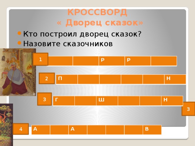 КРОССВОРД  « Дворец сказок» Кто построил дворец сказок? Назовите сказочников 1 Р Р 2 2 П Н 3 Г Ш Н 3 4 А А В 
