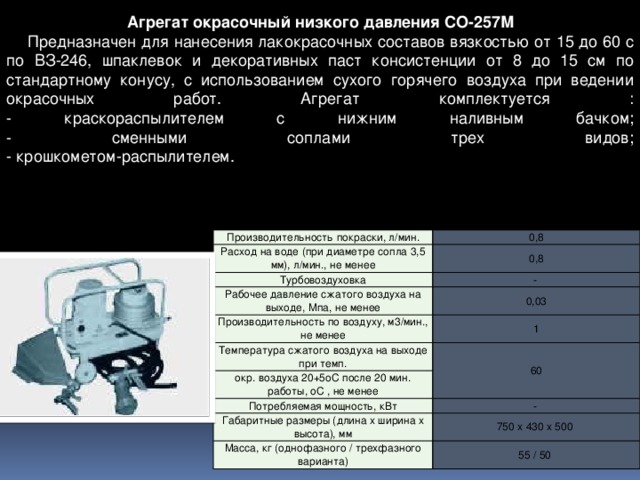  Агрегат окрасочный низкого давления СО-257М    Предназначен для нанесения лакокрасочных составов вязкостью от 15 до 60 с по ВЗ-246, шпаклевок и декоративных паст консистенции от 8 до 15 см по стандартному конусу, с использованием сухого горячего воздуха при ведении окрасочных работ. Агрегат комплектуется :  - краскораспылителем с нижним наливным бачком;  - сменными соплами трех видов;  - крошкометом-распылителем. Производительность покраски, л/мин. Расход на воде (при диаметре сопла 3,5 мм), л/мин., не менее 0,8 Турбовоздуховка 0,8 -  Рабочее давление сжатого воздуха на выходе, Мпа, не менее Производительность по воздуху, м3/мин., не менее 0,03 Температура сжатого воздуха на выходе при темп. 1 окр. воздуха 20+5оС после 20 мин. работы, оС , не менее 60 Потребляемая мощность, кВт Габаритные размеры (длина х ширина х высота), мм -  Масса, кг (однофазного / трехфазного варианта) 750 х 430 х 500  55 / 50  