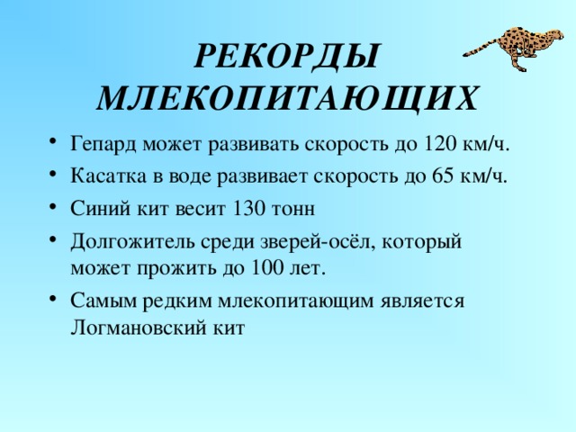 РЕКОРДЫ МЛЕКОПИТАЮЩИХ Гепард может развивать скорость до 120 км/ч. Касатка в воде развивает скорость до 65 км/ч. Синий кит весит 130 тонн Долгожитель среди зверей-осёл, который может прожить до 100 лет. Самым редким млекопитающим является Логмановский кит                                                           