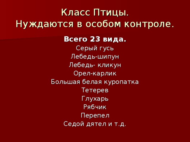 Класс Птицы.  Нуждаются в особом контроле. Всего 23 вида. Серый гусь Лебедь-шипун Лебедь- кликун Орел-карлик Большая белая куропатка Тетерев Глухарь Рябчик Перепел Седой дятел и т.д. 