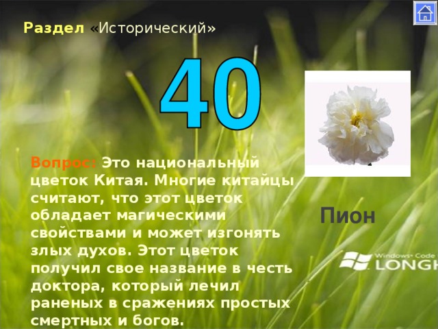 Раздел « Исторический» Вопрос: Это национальный цветок Китая. Многие китайцы считают, что этот цветок обладает магическими свойствами и может изгонять злых духов. Этот цветок получил свое название в честь доктора, который лечил раненых в сражениях простых смертных и богов. Пион