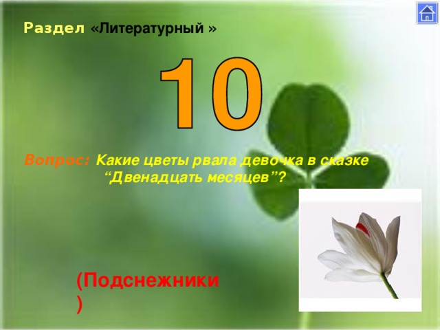 Раздел « Литературный » Вопрос: Какие цветы рвала девочка в сказке “Двенадцать месяцев”?  (Подснежники)