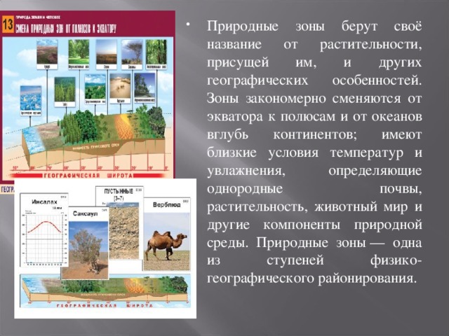 Природные зоны берут своё название от растительности, присущей им, и других географических особенностей. Зоны закономерно сменяются от экватора к полюсам и от океанов вглубь континентов; имеют близкие условия температур и увлажнения, определяющие однородные почвы, растительность, животный мир и другие компоненты природной среды. Природные зоны — одна из ступеней физико-географического районирования. 
