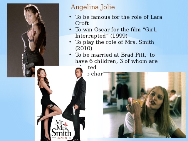 Angelina Jolie To be famous for the role of Lara Croft To win Oscar for the film “Girl, Interrupted” (1999) To play the role of Mrs. Smith (2010) To be married at Brad Pitt, to have 6 children, 3 of whom are adopted To do charity programs 