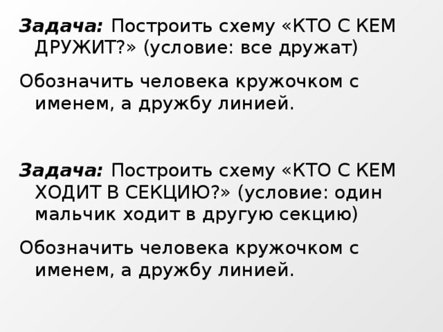 Задача: Построить схему «КТО С КЕМ ДРУЖИТ?» (условие: все дружат) Обозначить человека кружочком с именем, а дружбу линией. Задача: Построить схему «КТО С КЕМ ХОДИТ В СЕКЦИЮ?» (условие: один мальчик ходит в другую секцию) Обозначить человека кружочком с именем, а дружбу линией. 