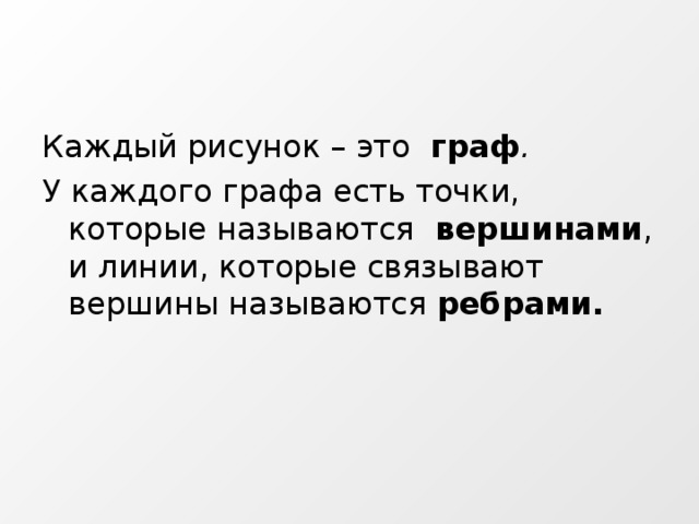 Каждый рисунок – это  граф . У каждого графа есть точки, которые называются вершинами , и линии, которые связывают вершины называются ребрами. 