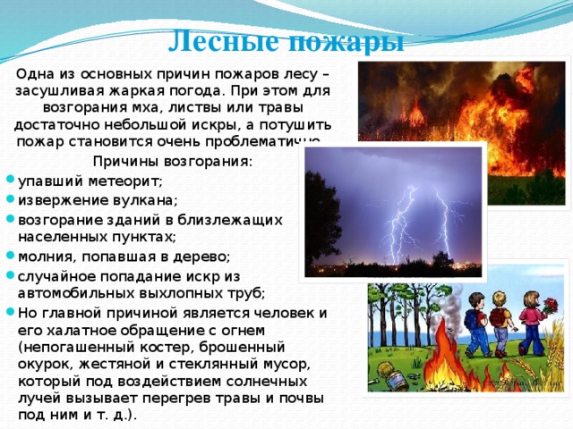 Лесные пожары Одна из основных причин пожаров лесу – засушливая жаркая погода. При этом для возгорания мха, листвы или травы достаточно небольшой искры, а потушить пожар становится очень проблематично. Причины возгорания: упавший метеорит; извержение вулкана; возгорание зданий в близлежащих населенных пунктах; молния, попавшая в дерево; случайное попадание искр из автомобильных выхлопных труб; Но главной причиной является человек и его халатное обращение с огнем (непогашенный костер, брошенный окурок, жестяной и стеклянный мусор, который под воздействием солнечных лучей вызывает перегрев травы и почвы под ним и т. д.). 