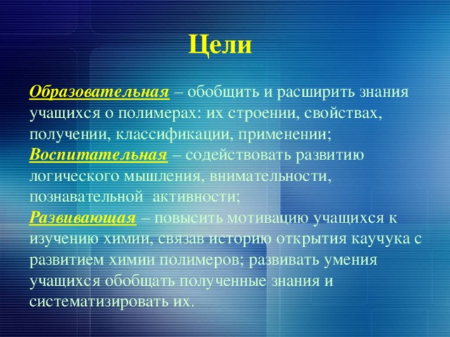 Цели Образовательная   – обобщить и расширить знания учащихся о полимерах: их строении, свойствах, получении, классификации, применении; Воспитательная   – содействовать развитию логического мышления, внимательности, познавательной  активности; Развивающая   –  повысить мотивацию учащихся к изучению химии, связав историю открытия каучука с развитием химии полимеров; развивать умения учащихся обобщать полученные знания и систематизировать их. 