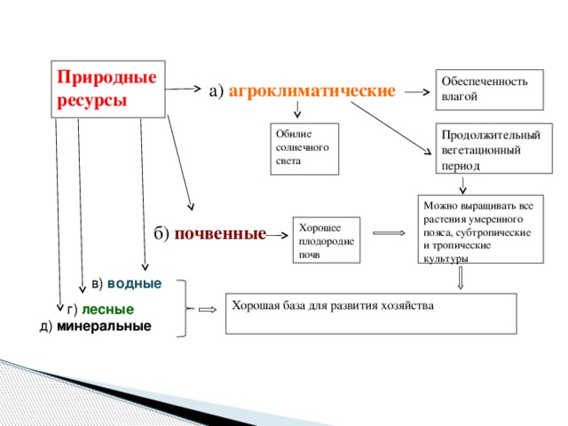 Природные ресурсы Обеспеченность влагой а) агроклиматические Обилие солнечного света Продолжительный вегетационный период Можно выращивать все растения умеренного пояса, субтропические и тропические культуры Хорошее плодородие почв б) почвенные  г) лесные д) минеральные  в) водные Хорошая база для развития хозяйства 