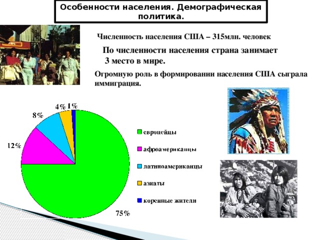 Особенности населения. Демографическая политика. Численность населения США – 315млн. человек По численности населения страна занимает  3 место в мире. Огромную роль в формировании населения США сыграла иммиграция. 