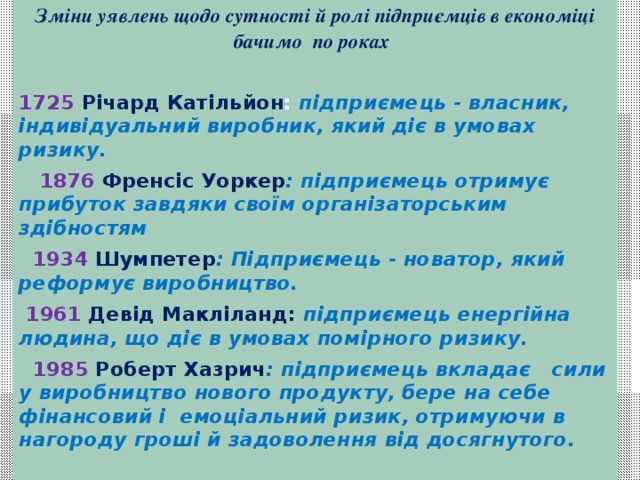 Зміни уявлень щодо сутності й ролі підприємців в економіці бачимо по роках   1725  Річард Катільйон : підприємець - власник, індивідуальний виробник, який діє в умовах ризику.  1876 Френсіс Уоркер : підприємець отримує прибуток завдяки своїм організаторським здібностям  1934 Шумпетер : Підприємець - новатор, який реформує виробництво.  1961 Девід Макліланд:  підприємець енергійна людина, що діє в умовах помірного ризику.  1985 Роберт Хазрич : підприємець вкладає сили у виробництво нового продукту, бере на себе фінансовий і емоціальний ризик, отримуючи в нагороду гроші й задоволення від досягнутого . 