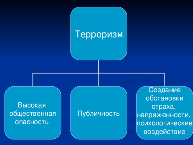 Терроризм Высокая общественная опасность  Публичность Создание обстановки страха, напряженности, психологические воздействие 