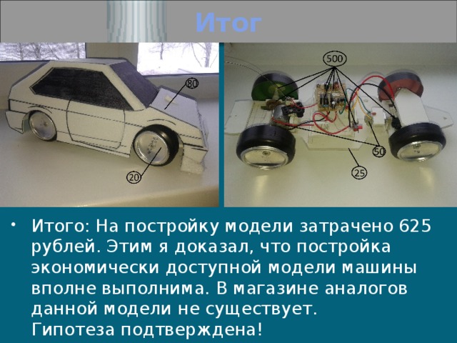 Итог Итого: На постройку модели затрачено 625 рублей. Этим я доказал, что постройка экономически доступной модели машины вполне выполнима. В магазине аналогов данной модели не существует.  Гипотеза подтверждена! 