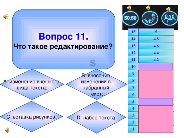 Вопрос 11 . Что такое редактирование?  15 14 5 4.8 13 4.6 12 11 4.4 4.2 10 4 несгораемый 9 3.8 8 3.6 7 3.4 6 3.2 5 3 несгораемый 4 2.5 3 2 2 1 1.5 1 s В: внесение изменений в набранный текст;  А: изменение внешнего вида текста; D: набор текста. С: вставка рисунков;