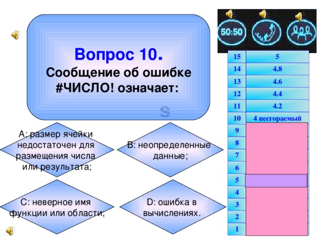 Вопрос 10 .  Сообщение об ошибке #ЧИСЛО! означает:  15 14 5 4.8 13 4.6 12 4.4 11 4.2 10 9 4 несгораемый 8 3.8 3.6 7 3.4 6 3.2 5 3 несгораемый 4 2.5 3 2 2 1 1.5 1 s В: неопределенные данные; А: размер ячейки недостаточен для размещения числа или результата; D: ошибка в вычислениях.  С: неверное имя функции или области;