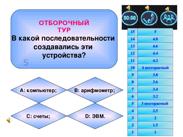 ОТБОРОЧНЫЙ ТУР В какой последовательности создавались эти устройства? 15 5 14 4.8 13 4.6 12 11 4.4 10 4.2 9 4 несгораемый 3.8 8 3.6 7 6 3.4 5 3.2 4 3 несгораемый 2.5 3 2 2 1.5 1 1 s B: арифмометр;  А: компьютер;  C: счеты;  D: ЭВМ.