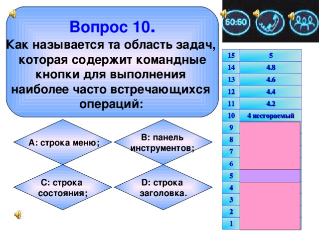 Вопрос 10 . Как называется та область задач, которая содержит командные кнопки для выполнения наиболее часто встречающихся операций:  15 5 14 13 4.8 4.6 12 4.4 11 4.2 10 4 несгораемый 9 3.8 8 3.6 7 3.4 6 3.2 5 3 несгораемый 4 2.5 3 2 2 1.5 1 1  А: строка меню; В: панель инструментов;  D: строка заголовка. С: строка состояния;