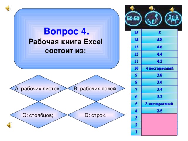 Вопрос 4 . Рабочая книга Excel состоит из:  15 5 14 4.8 13 4.6 12 4.4 11 4.2 10 4 несгораемый 9 3.8 8 3.6 7 3.4 6 3.2 5 3 несгораемый 4 2.5 3 2 2 1 1.5 1 А: рабочих листов;  В: рабочих полей;  D: строк.  С: столбцов;