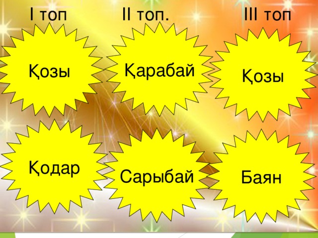  I топ  ІІ топ. III топ Қарабай Қозы Қозы Қодар Сарыбай Баян 