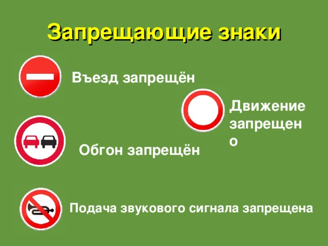 Запрещающие знаки Въезд запрещён Движение запрещено Обгон запрещён Подача звукового сигнала запрещена