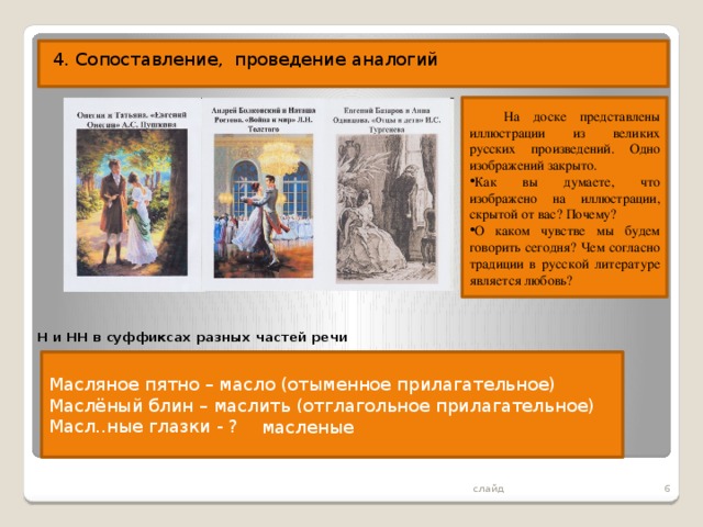 4. Сопоставление, проведение аналогий На доске представлены иллюстрации из великих русских произведений. Одно изображений закрыто. Как вы думаете, что изображено на иллюстрации, скрытой от вас? Почему? О каком чувстве мы будем говорить сегодня? Чем согласно традиции в русской литературе является любовь? Н и НН в суффиксах разных частей речи   Масляное пятно – масло (отыменное прилагательное) Маслёный блин – маслить (отглагольное прилагательное) Масл..ные глазки - ? масленые  слайд 