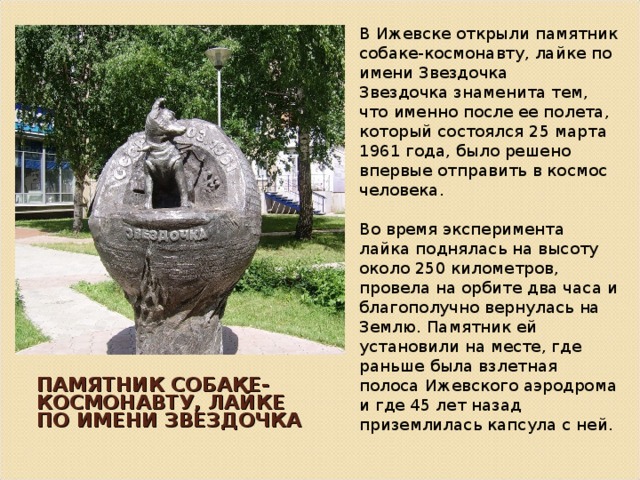 В Ижевске открыли памятник собаке-космонавту, лайке по имени Звездочка Звездочка знаменита тем, что именно после ее полета, который состоялся 25 марта 1961 года, было решено впервые отправить в космос человека.   Во время эксперимента лайка поднялась на высоту около 250 километров, провела на орбите два часа и благополучно вернулась на Землю. Памятник ей установили на месте, где раньше была взлетная полоса Ижевского аэродрома и где 45 лет назад приземлилась капсула с ней. ПАМЯТНИК СОБАКЕ-КОСМОНАВТУ, ЛАЙКЕ ПО ИМЕНИ ЗВЕЗДОЧКА   