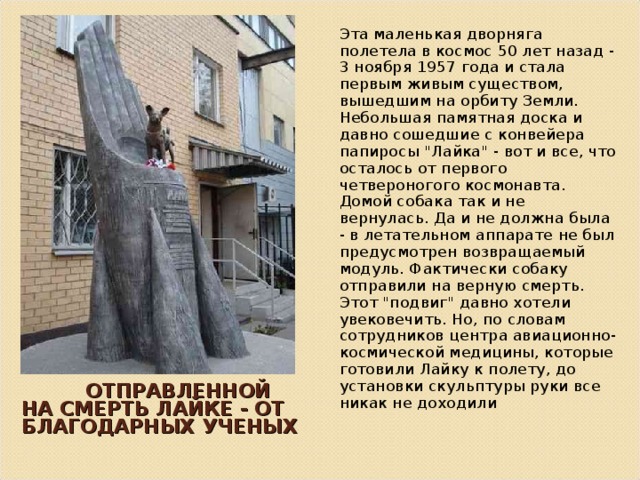 Эта маленькая дворняга полетела в космос 50 лет назад - 3 ноября 1957 года и стала первым живым существом, вышедшим на орбиту Земли. Небольшая памятная доска и давно сошедшие с конвейера папиросы 