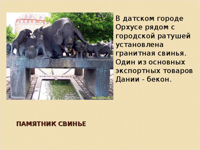 В датском городе Орхусе рядом с городской ратушей установлена гранитная свинья. Один из основных экспортных товаров Дании - бекон. ПАМЯТНИК СВИНЬЕ 