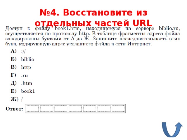 № 4. Восстановите из отдельных частей URL 