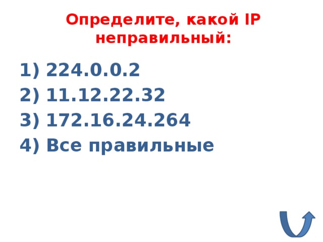 Определите, какой IP неправильный: 224.0.0.2 11.12.22.32 172.16.24.264 Все правильные 