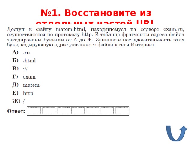 № 1. Восстановите из отдельных частей URL 