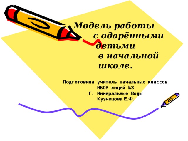 Модель работы  с одарёнными детьми  в начальной школе.  Подготовила учитель начальных классов МБОУ лицей №3 Г. Минеральные Воды Кузнецова Е.Ф. 