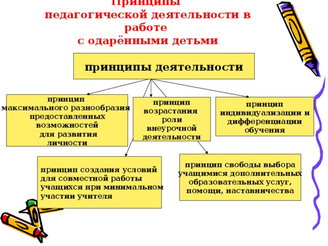 Принципы  педагогической деятельности в работе  с одарёнными детьми принципы деятельности принцип максимального разнообразия предоставленных возможностей  для развития личности принцип возрастания роли внеурочной деятельности принцип индивидуализации и дифференциации обучения принцип свободы выбора учащимися дополнительных образовательных услуг, помощи, наставничества принцип создания условий для совместной работы учащихся при минимальном участии учителя 